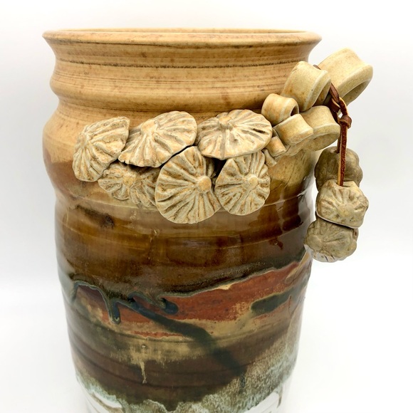 Large Pottery Crock Vase Hand Made Beads On Leather Dangle Applied Floral Relief - Picture 9 of 15